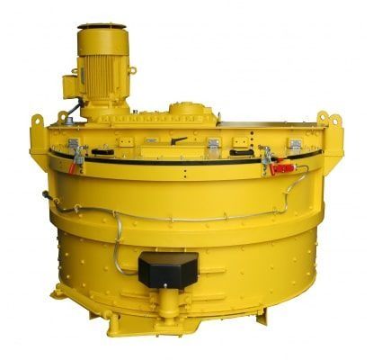 Máquina industrial amarilla con un motor en la parte superior y una base de tanque cilíndrico sobre un fondo blanco.