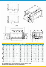 Plano técnico de un motor, con múltiples vistas y una tabla de especificaciones de las piezas.