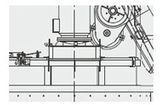 Esquema técnico de la base de una máquina con tuberías, soportes y un conjunto de ruedas en vista lateral.