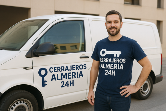 Puerta roja parcialmente abierta, revelando una manija cromada con llaves y una ciudad borrosa por la noche.
