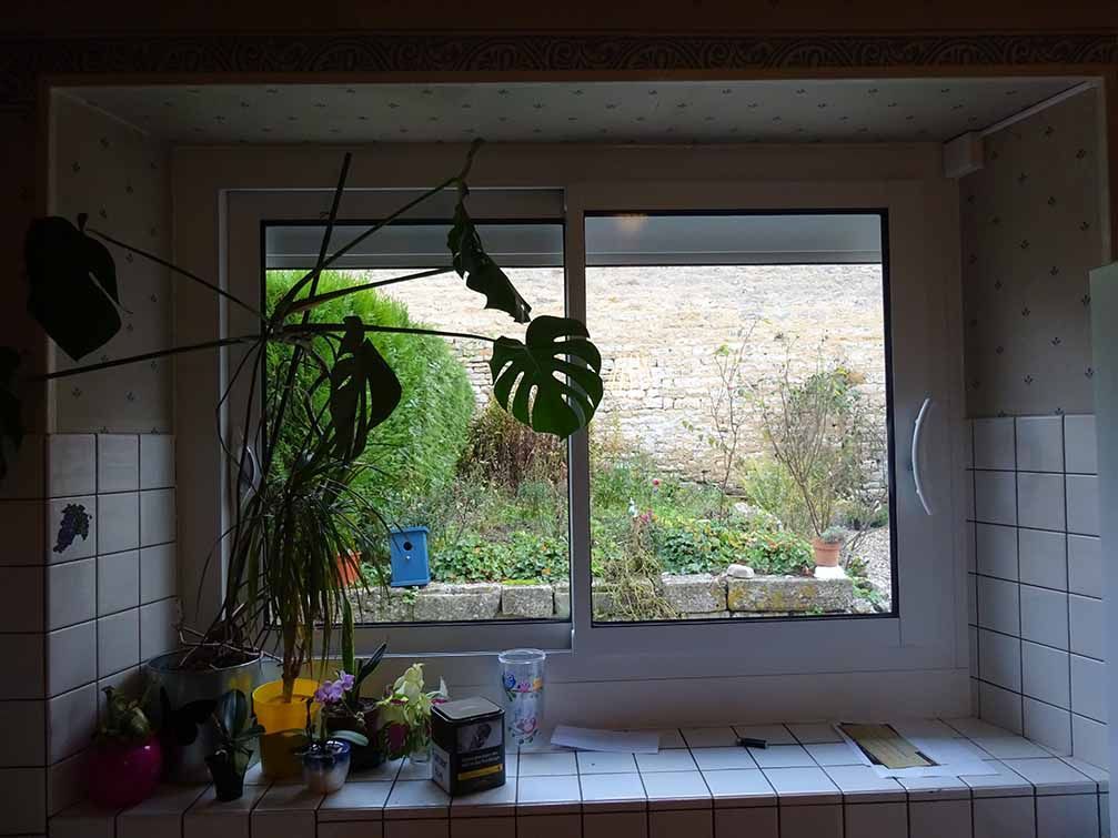 Fenêtre de cuisine avec plantes en pot et plantes suspendues au-dessus d'un évier carrelé.