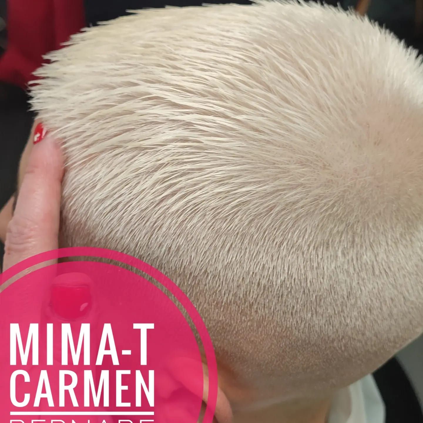 Un primer plano de la cabeza de una persona con el nombre Mima-t Carmen en ella.