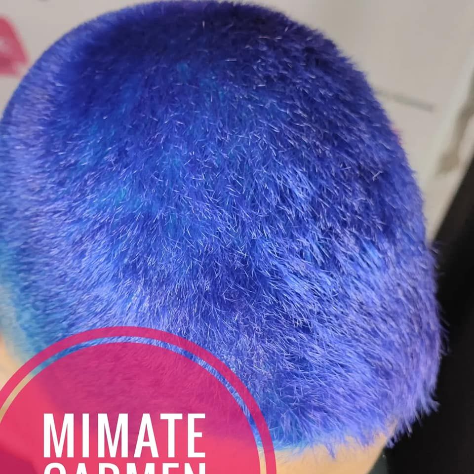 Un primer plano de la cabeza de una persona con cabello azul.