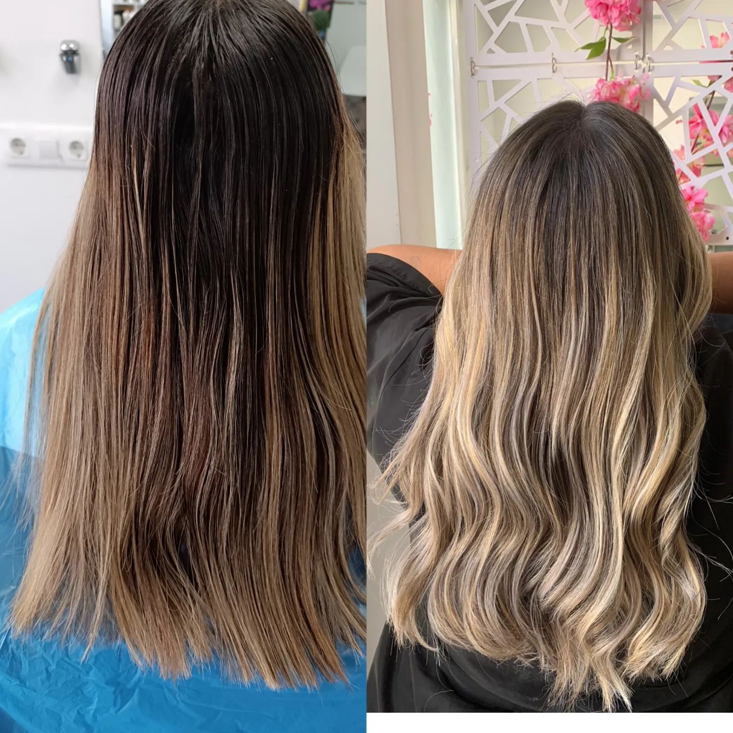 Una foto de antes y después del cabello de una mujer.