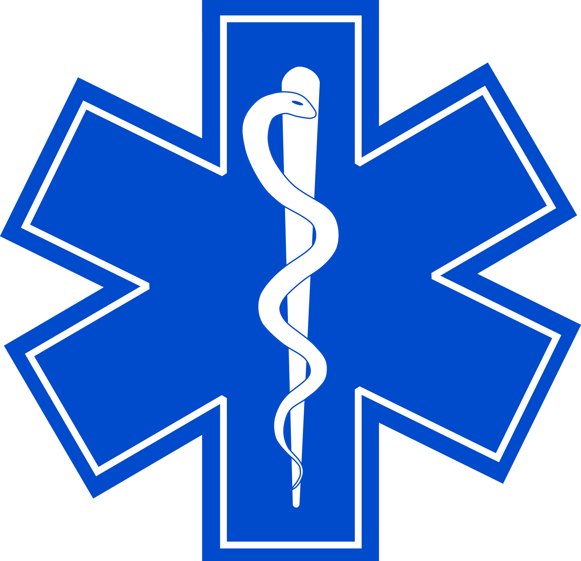 Symbole de l'Étoile de Vie bleue avec un bâton blanc et un serpent.