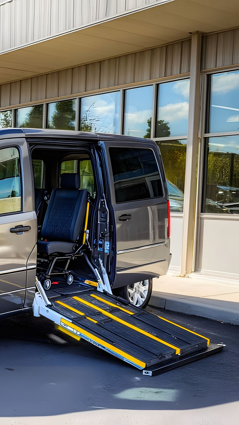 Fourgonnette accessible aux fauteuils roulants avec rampe déployée, stationnée devant un bâtiment.