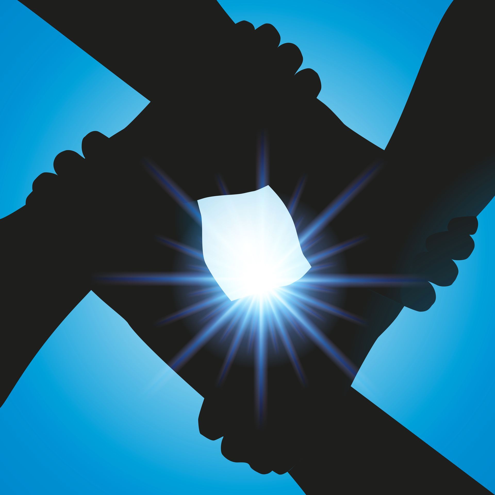 Silhouette de quatre mains jointes, formant un carré autour d'un centre lumineux et éclatant.