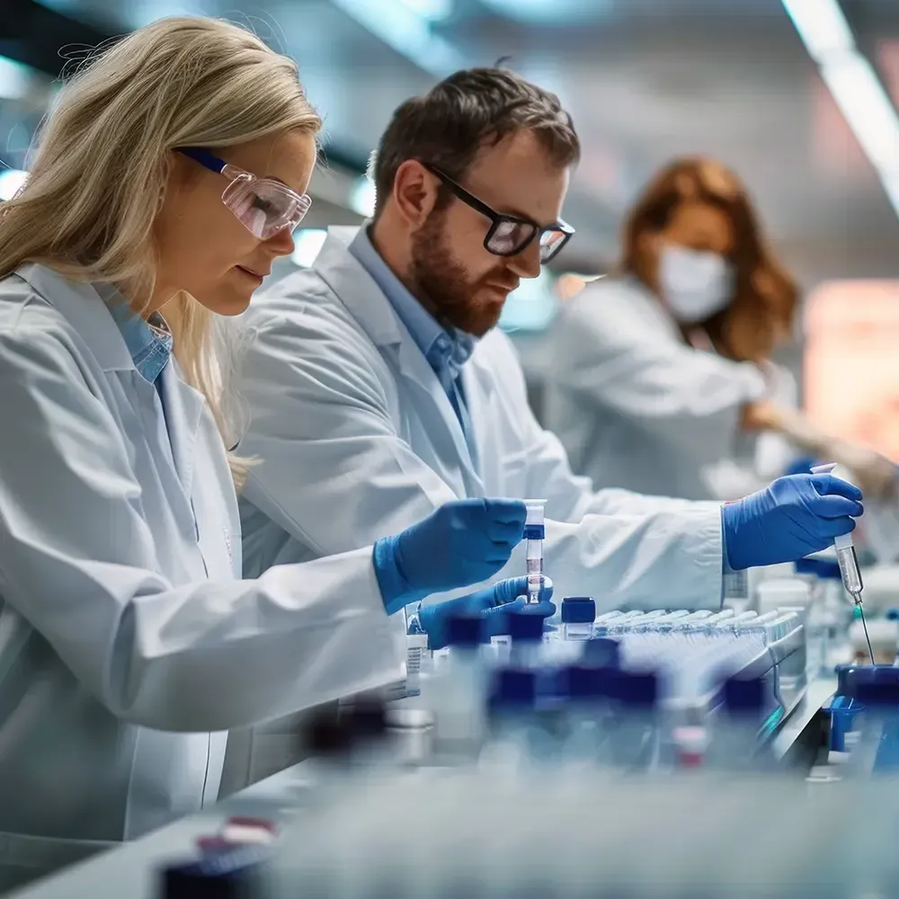 Wissenschaftler in Laborkitteln und Schutzbrillen arbeiten in einem Labor mit Reagenzgläsern.