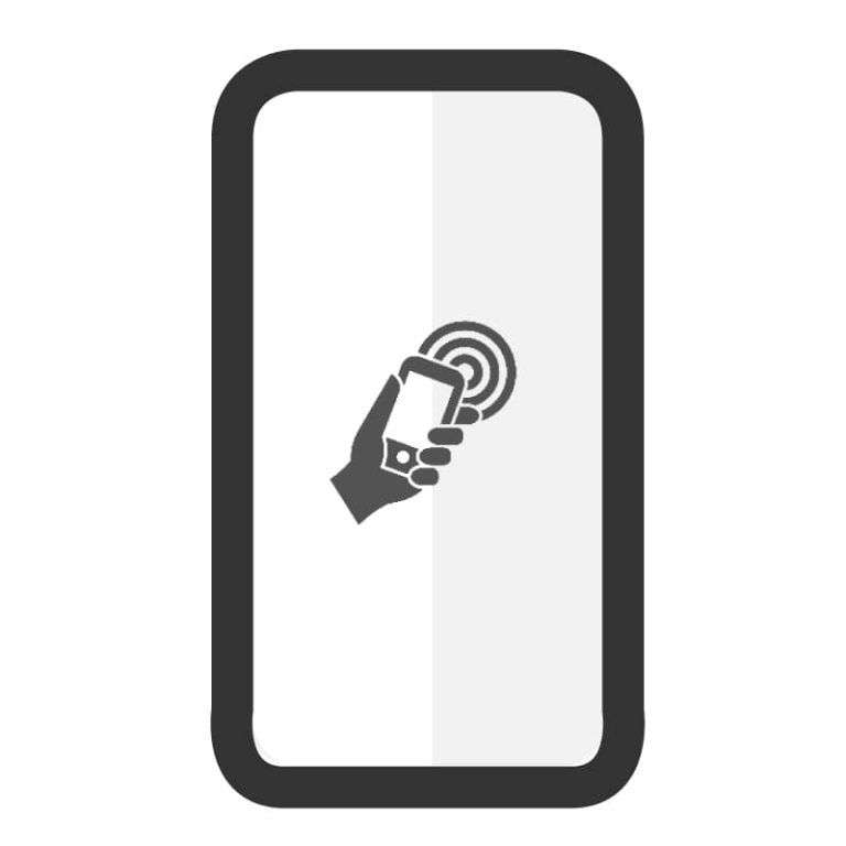 Un icono de teléfono inteligente de color gris oscuro con una mano que sostiene un dispositivo más pequeño