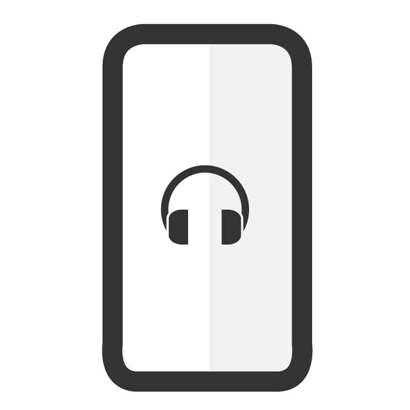 Un icono gris oscuro de un teléfono inteligente con el símbolo de unos auriculares negros en el centro