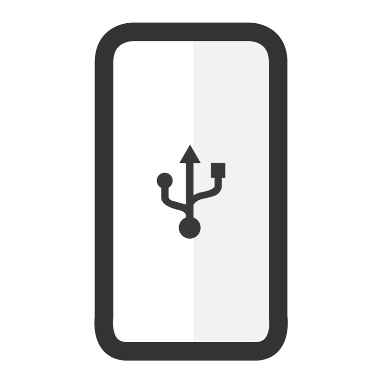 Un icono en blanco y negro que muestra un teléfono inteligente con un símbolo USB en el centro.