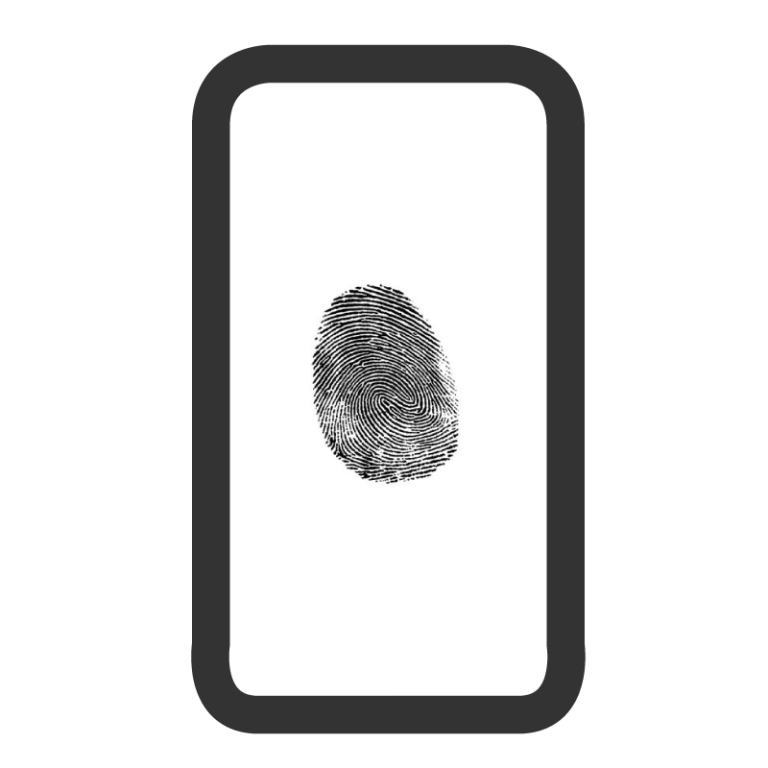 Un icono de un teléfono inteligente con un símbolo de huella dactilar en el centro.