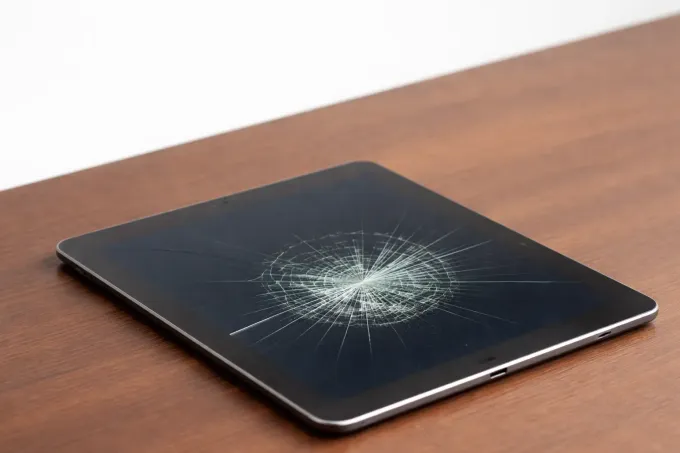 Una tableta con la pantalla rota descansa sobre una superficie de madera.