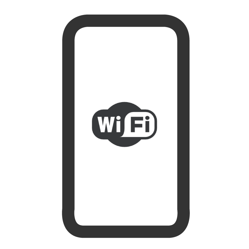 Un icono en blanco y negro que muestra un teléfono inteligente rectangular con un símbolo de Wi-Fi .
