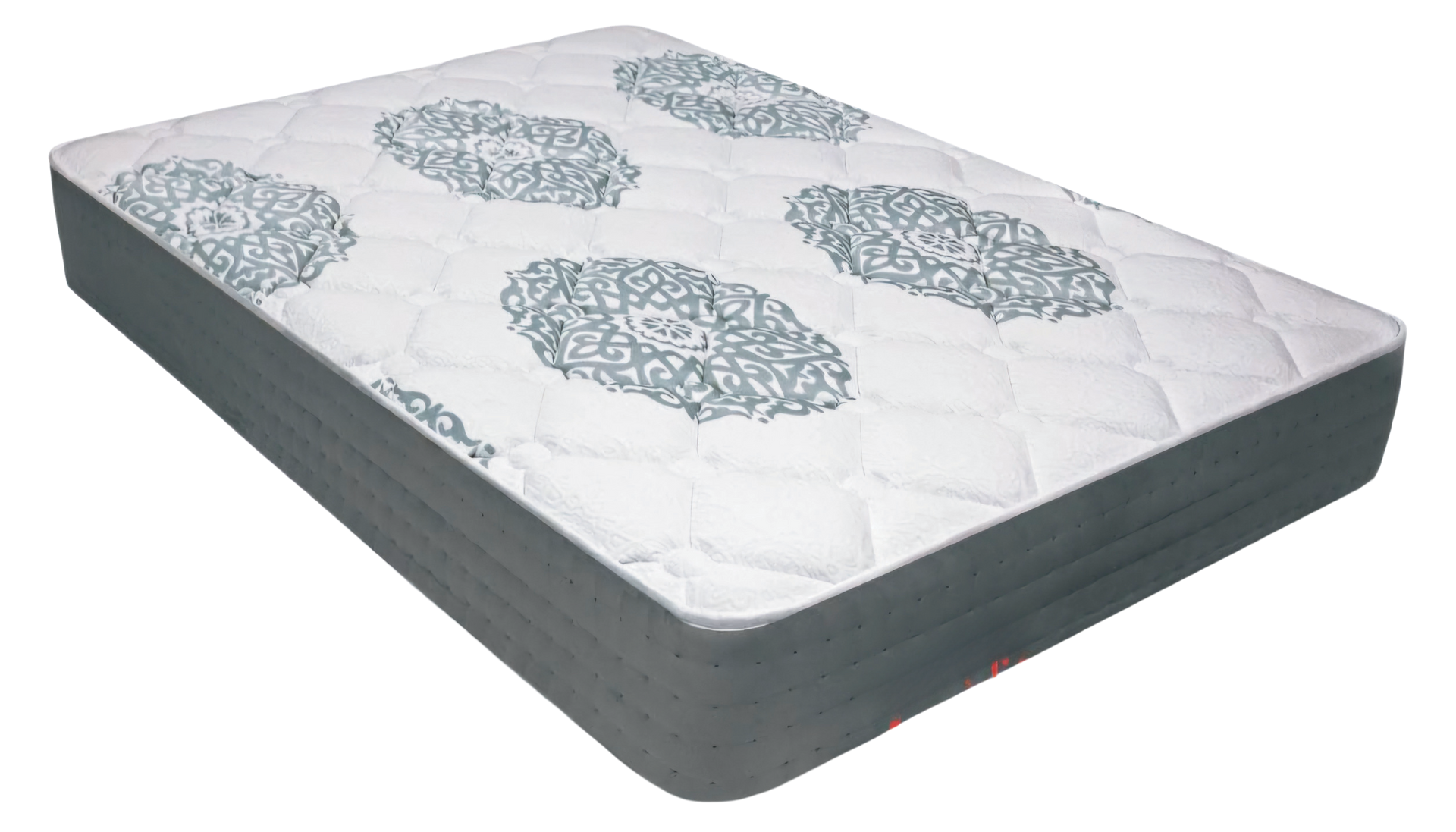 Un colchón blanco y gris con un estampado.