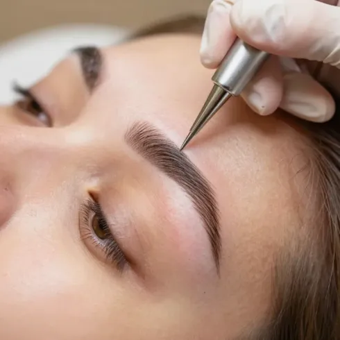 Primer plano de una micropigmentación de cejas donde una técnica utiliza una aguja fina en la ceja de una clienta.