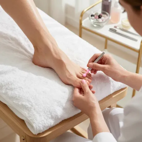 Pedicura en curso: se está aplicando esmalte de uñas rosa a un pie sobre una toalla de spa.