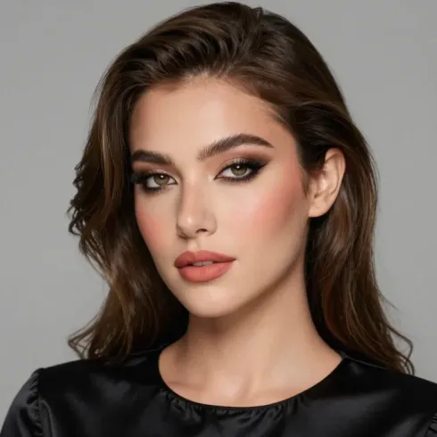 Retrato de una mujer con cabello castaño ondulado, maquillaje natural y una blusa de satén negro sobre un fondo gris.