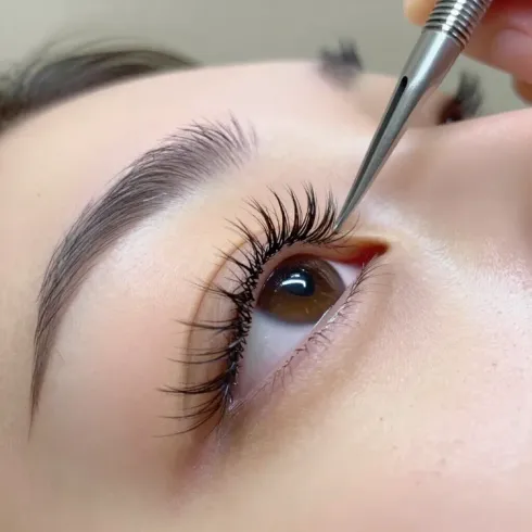 Primer plano de un ojo mientras se ajustan las extensiones de pestañas con unas pinzas.