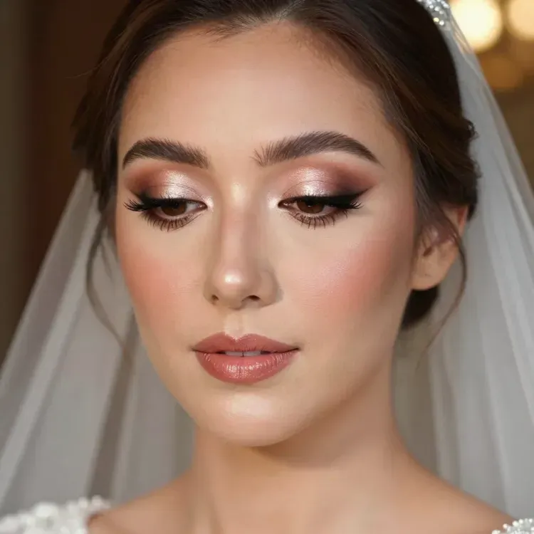 Primer plano de una novia con maquillaje suave y glamuroso y velo, mirando hacia abajo.