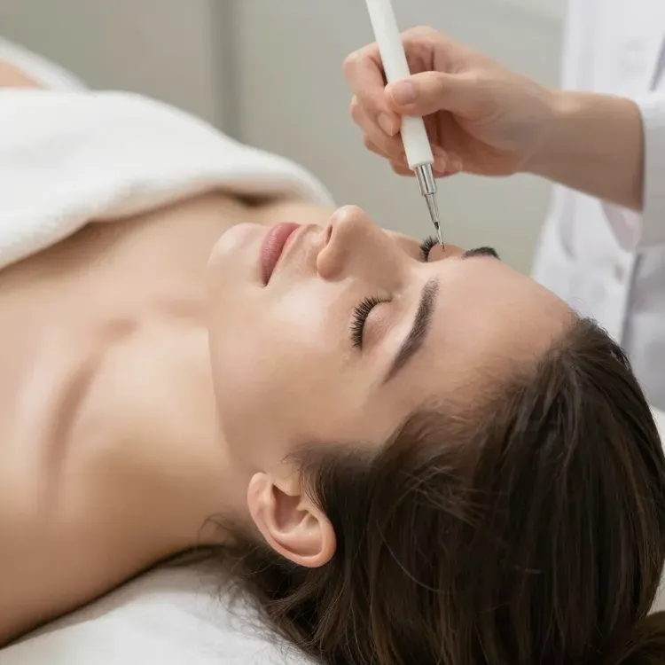 Mujer recibiendo un tratamiento de cejas con un lápiz cosmético mientras está tumbada en una camilla de spa.