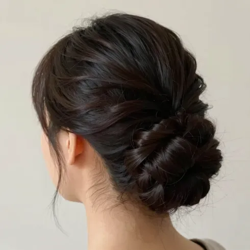 Cabello castaño oscuro recogido en un elegante moño bajo retorcido, visto desde atrás contra un fondo claro.