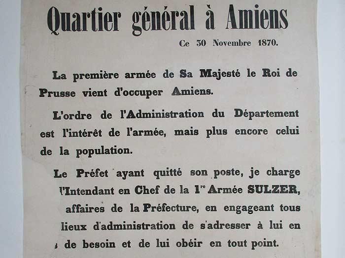 Avis de l'armée prussienne occupant Amiens, nommant l'intendant Sulzer.