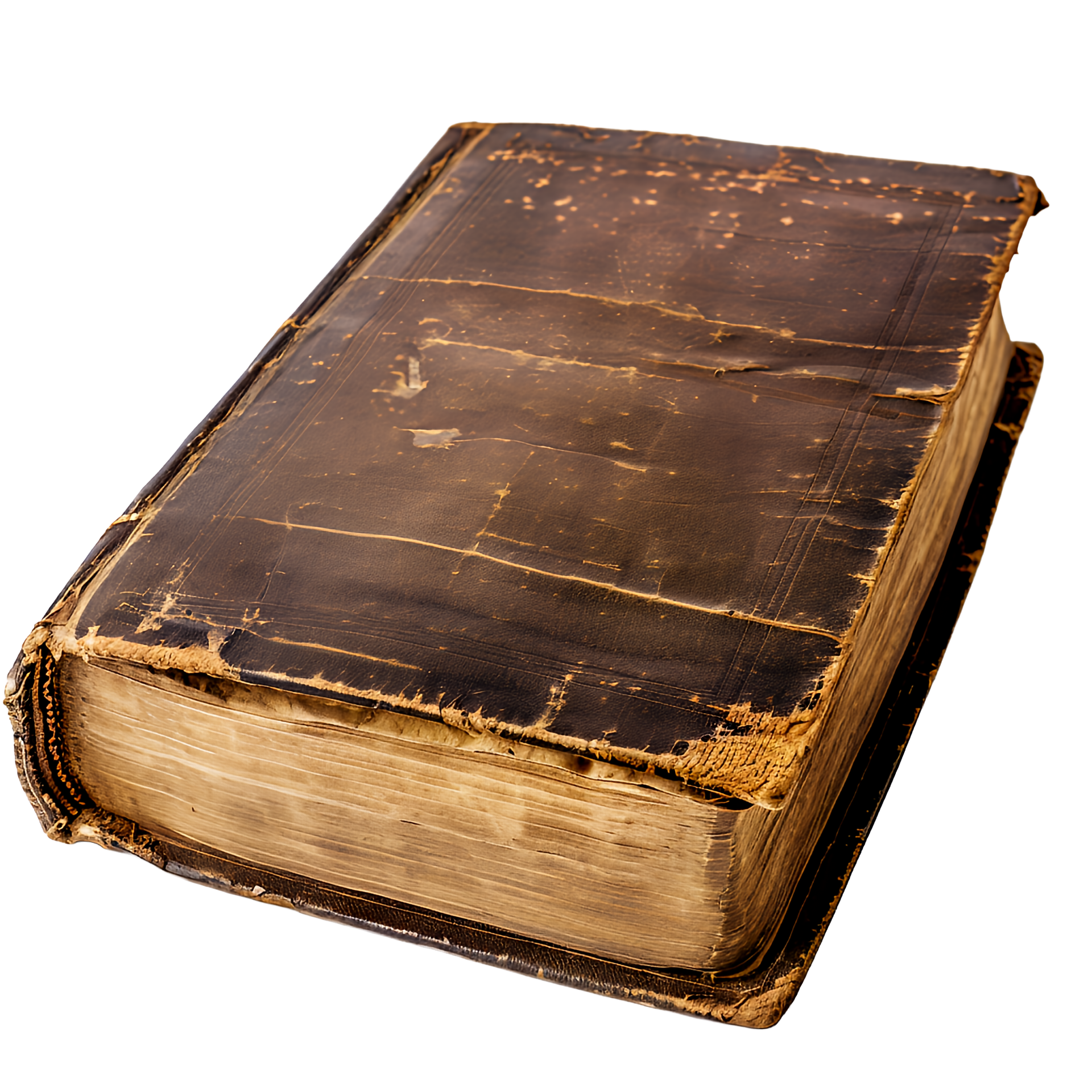 Livre ancien, usé, relié en cuir. Couverture marron, pages jaunies et usure visible.