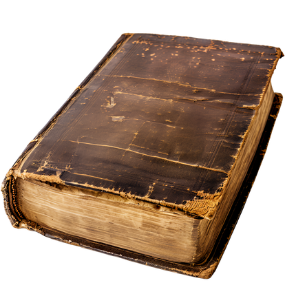 Livre ancien, usé, relié en cuir. Couverture marron, pages jaunies et usure visible.