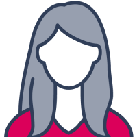 Silhouette de femme, longs cheveux gris, vêtue d'une chemise rouge, sans visage.