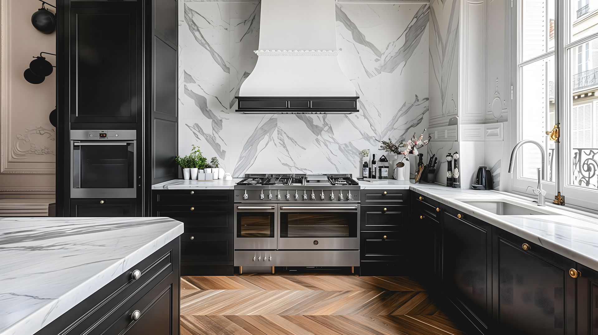 Cuisine moderne en noir et blanc avec comptoirs en marbre, électroménagers en acier inoxydable et parquet à chevrons