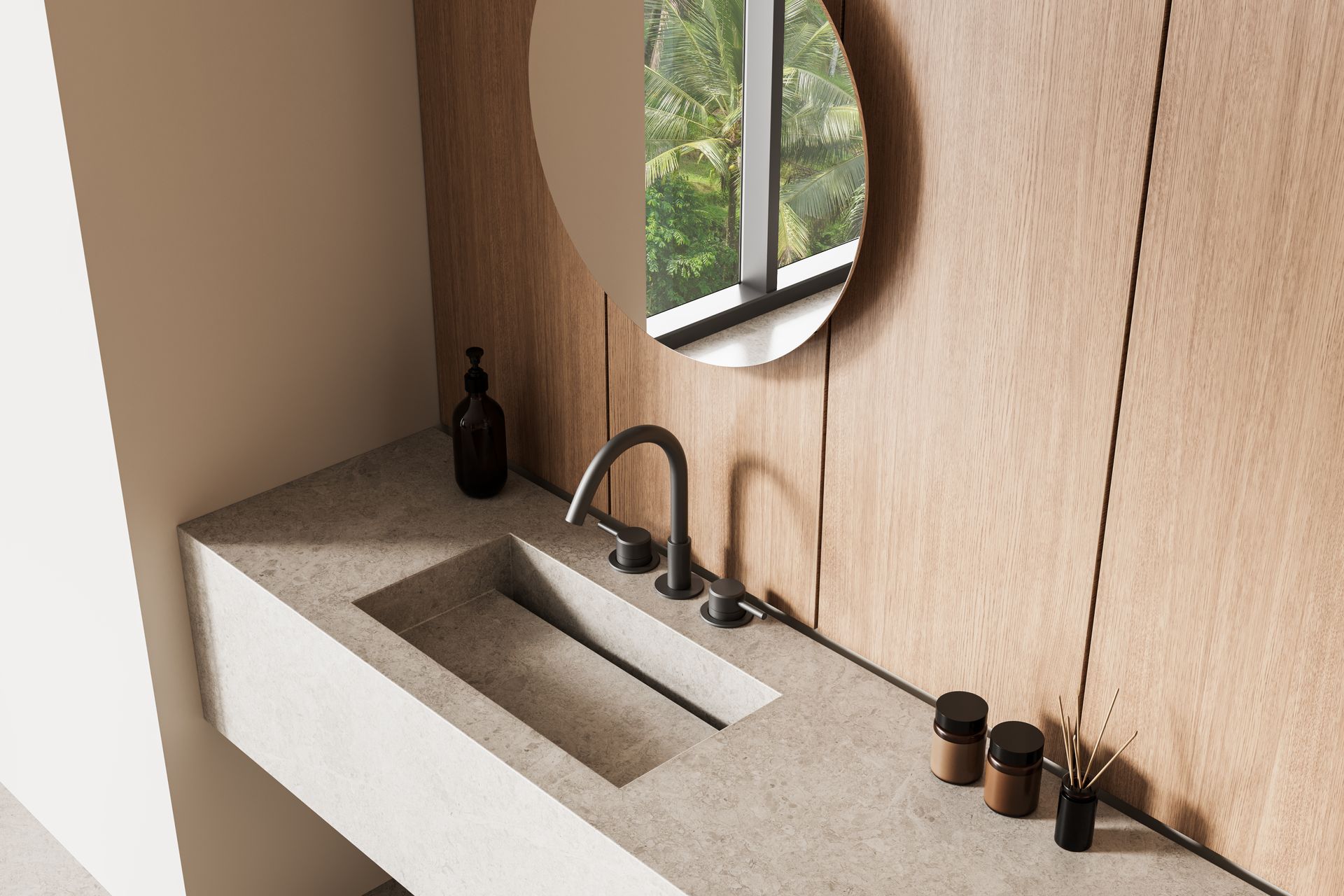 Meuble-lavabo minimaliste avec vasque en pierre, miroir rond, robinet noir et distributeurs de savon près d'une fenêtre