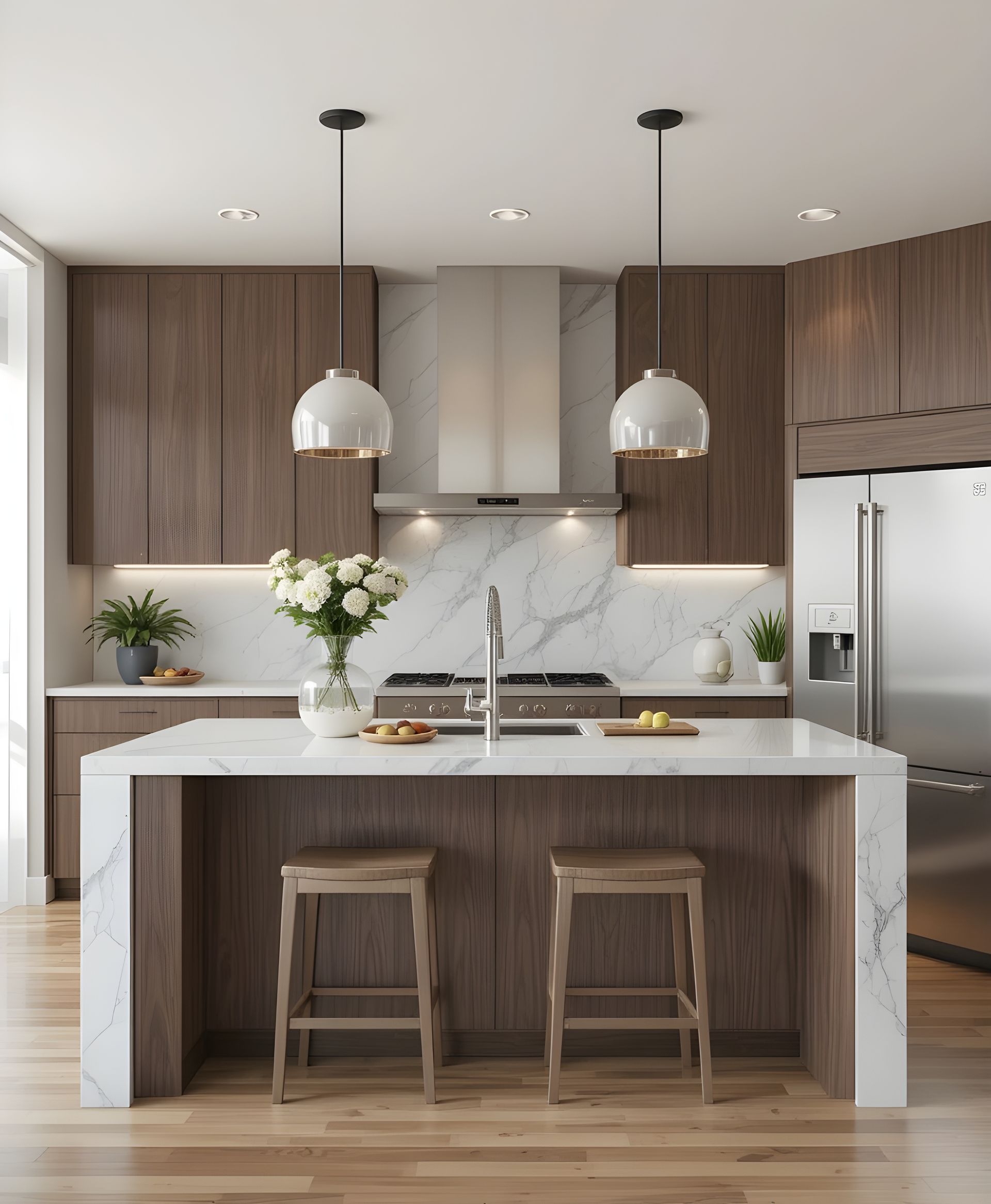 Cuisine moderne avec îlot blanc, armoires en bois, suspensions lumineuses et électroménagers en acier inoxydable