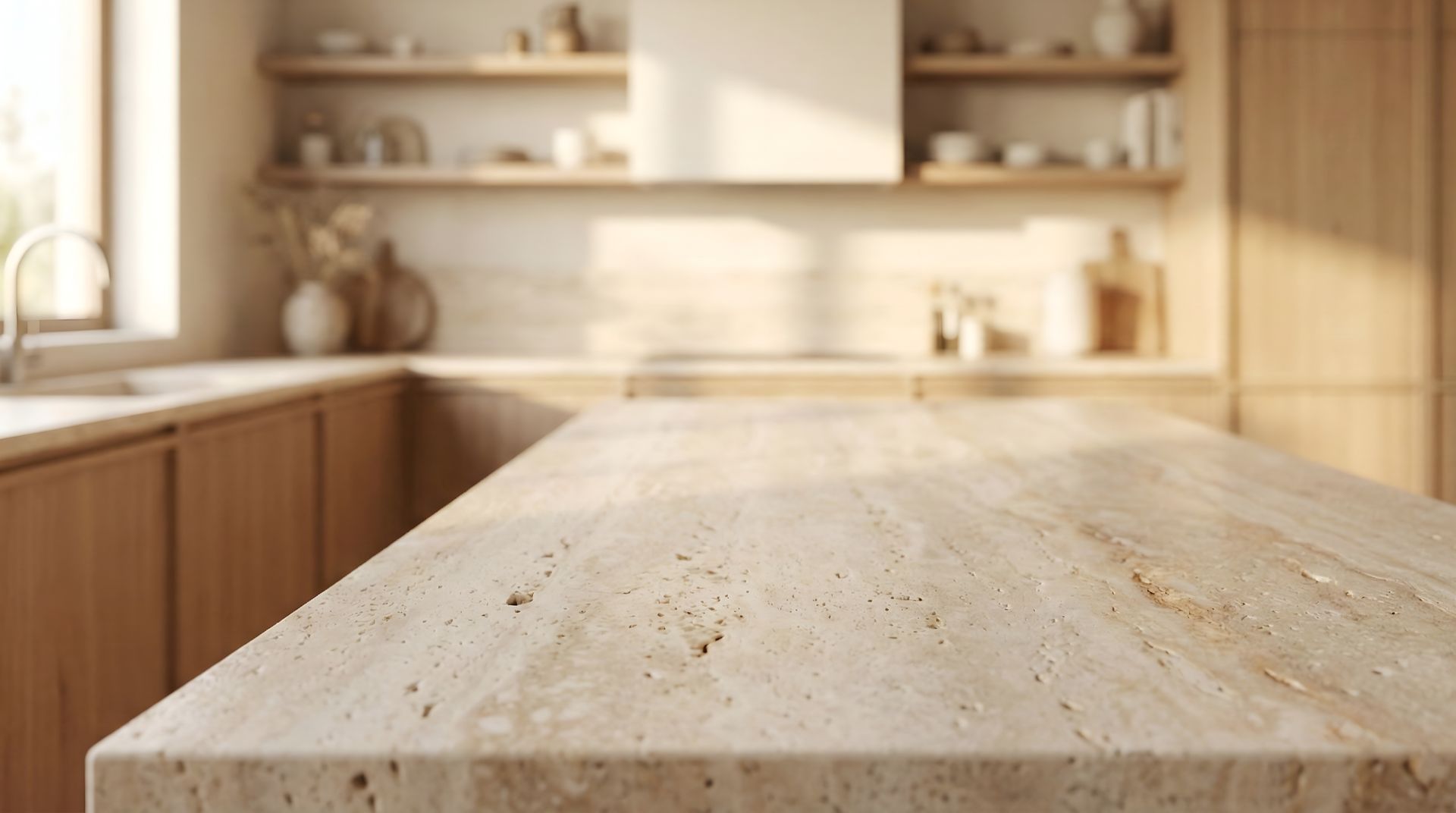 Cuisine moderne avec un îlot en pierre claire, des placards en bois et des étagères ouvertes baignées de lumière naturelle.