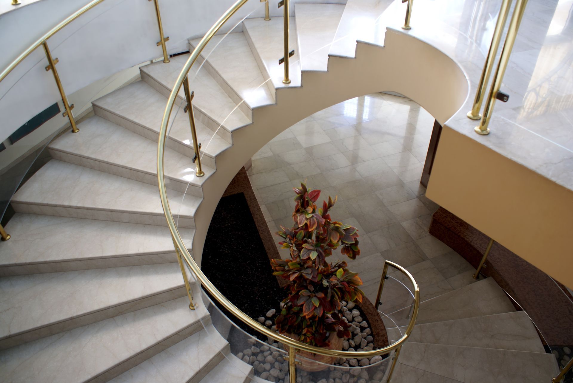 Escalier intérieur incurvé avec marches blanches, rampes dorées et une plante en pot au centre.