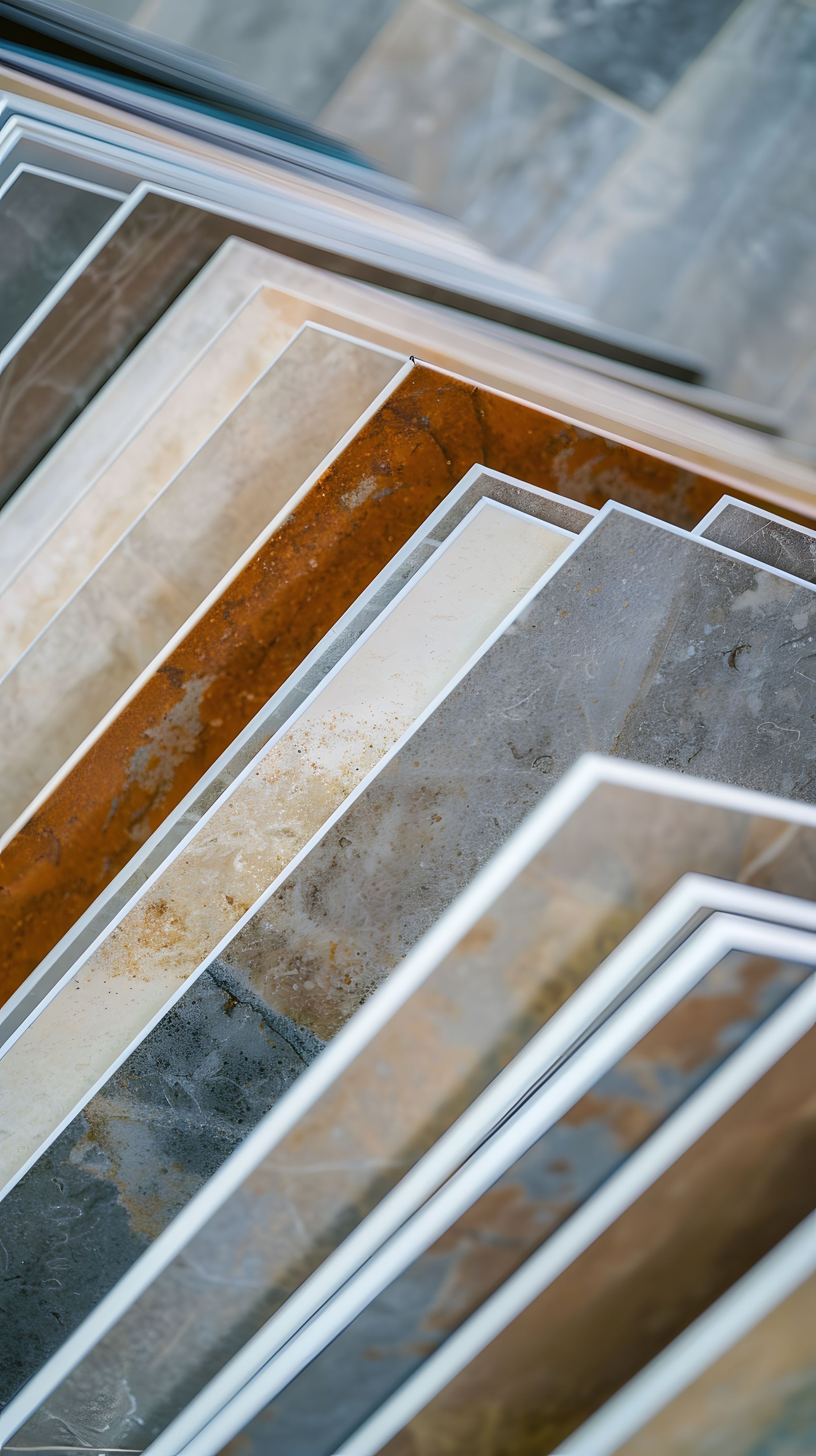 Panneaux d'échantillons empilés, avec des finitions bois, pierre et gris, présentés en diagonale.