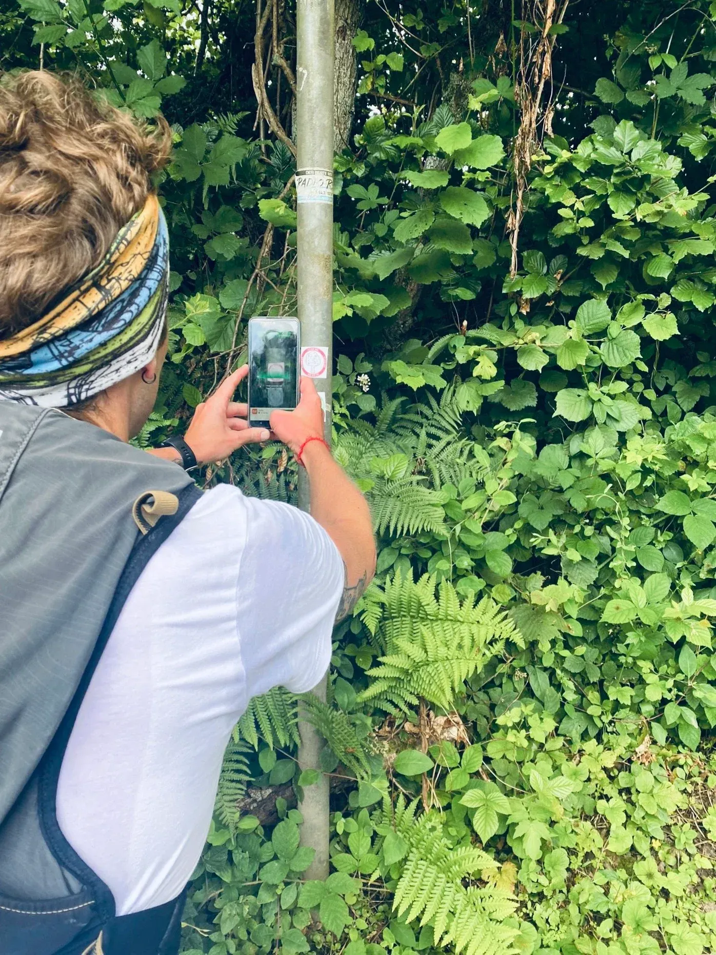 Eine Person mit einem Stirnband macht mit einem Telefon ein Foto von einem Pfosten in einer grünen, belaubten Gegend.