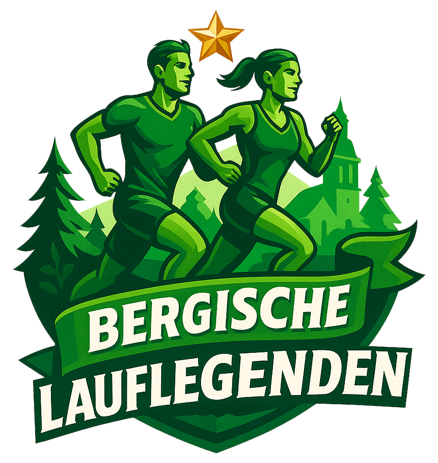 Green figures running, Bergische Lauflegenden race logo. Man and woman in forest setting. Gold star.
