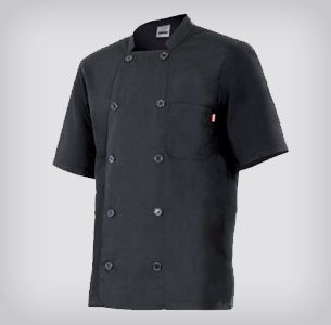 Chaqueta de chef negra con mangas cortas y botones.