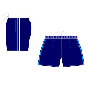 Un par de pantalones cortos azules con una raya azul en el costado.
