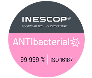 Una pegatina que dice centro de tecnología del calzado inescop antibacteriano 99,999 % iso 16187