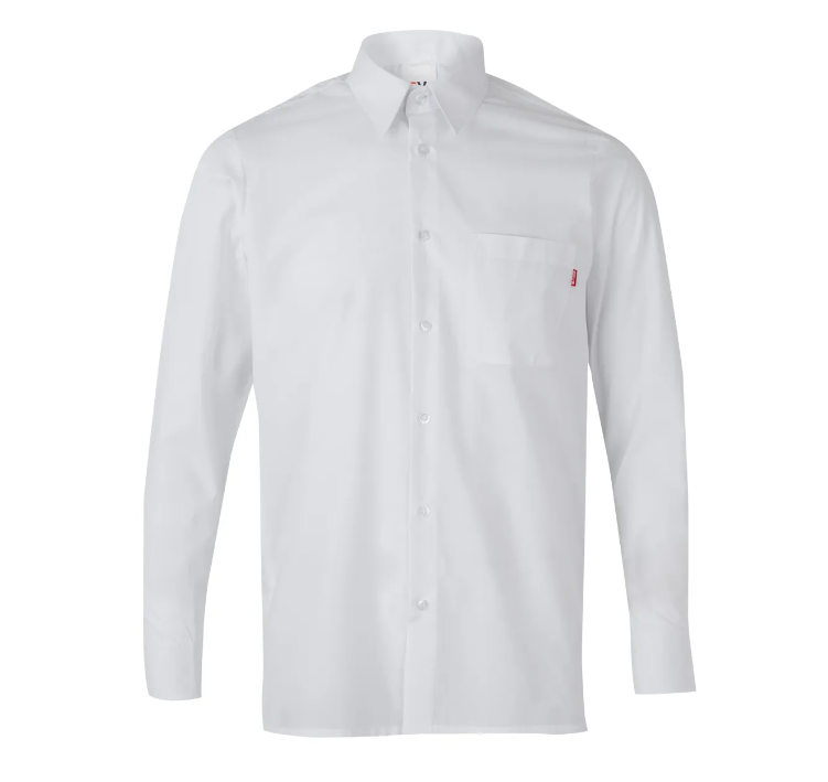 Una camisa blanca con mangas largas y un bolsillo.