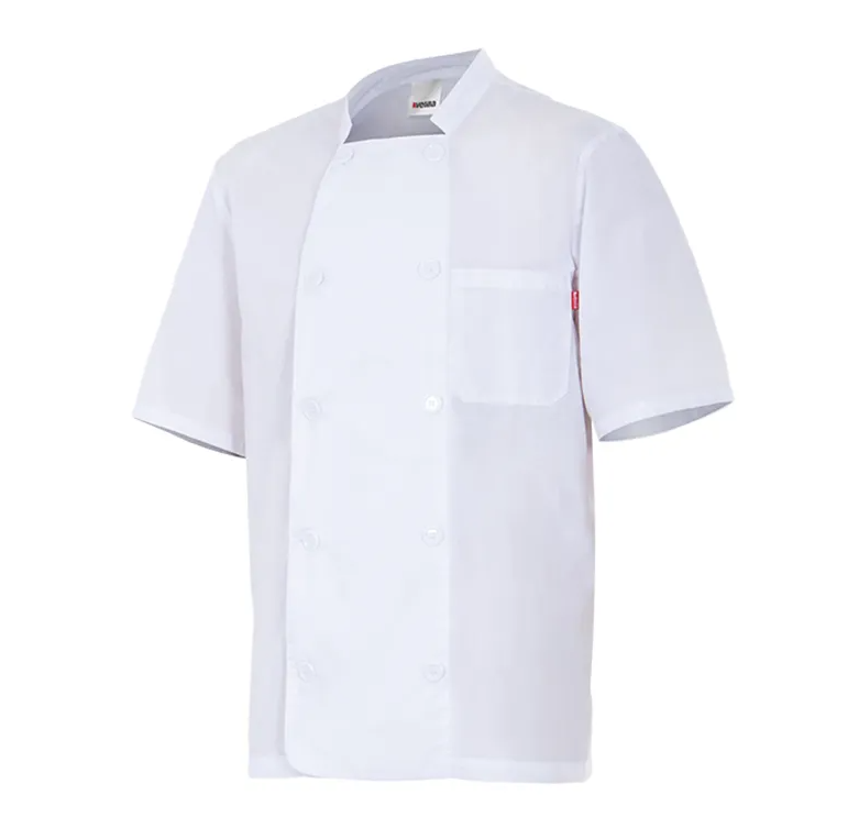 Una chaqueta de cocinero blanca con mangas cortas sobre un fondo blanco.