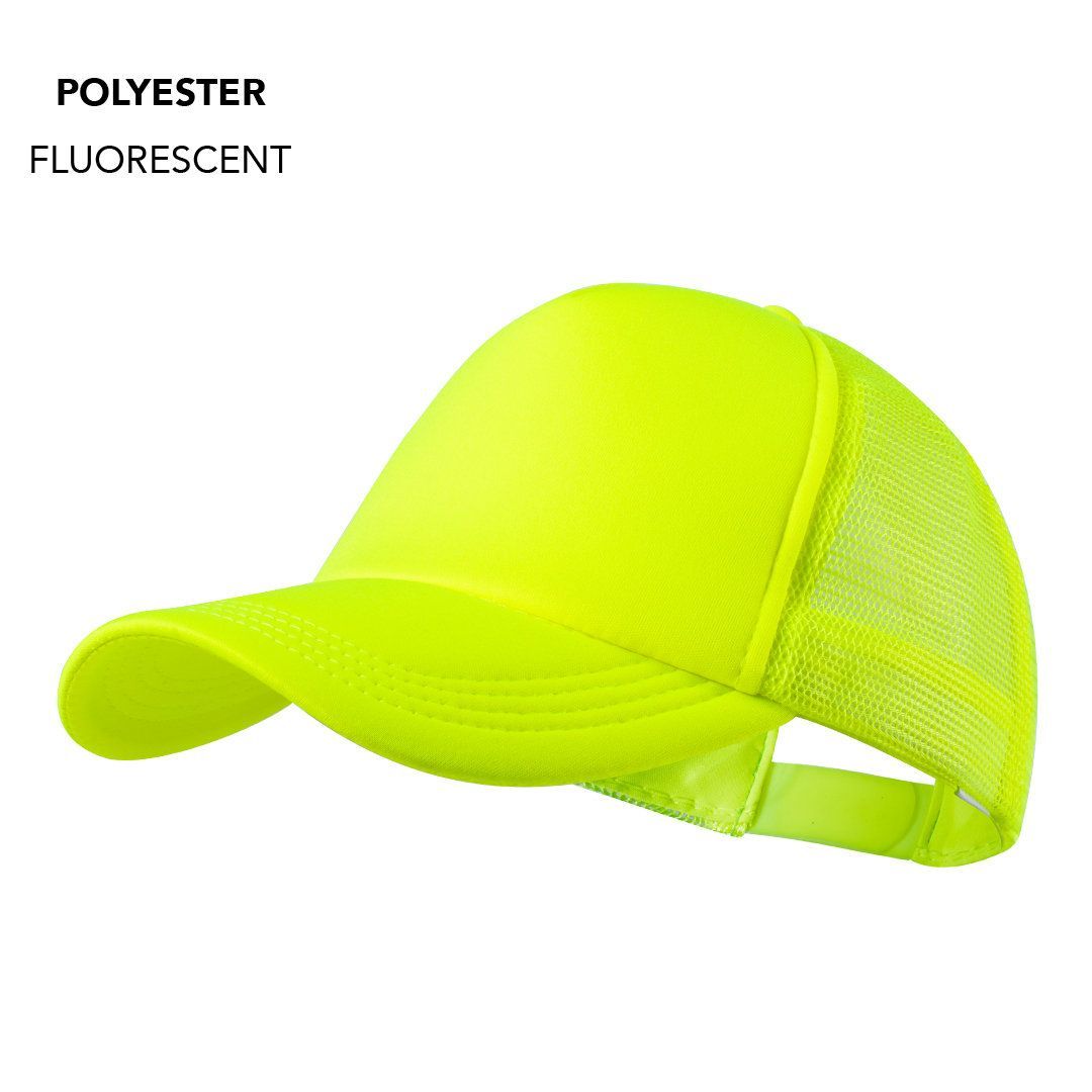 Una gorra de béisbol de color amarillo neón hecha de poliéster y fluorescente.