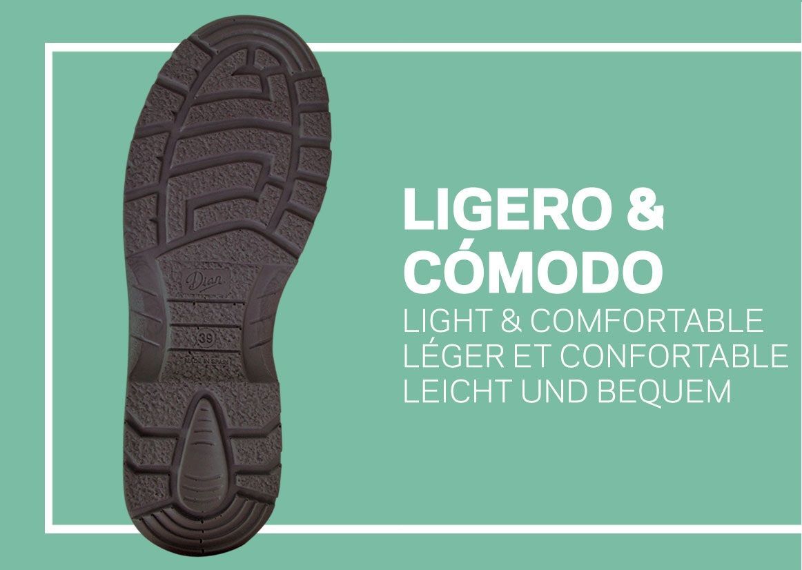 Una imagen de la parte inferior de un zapato con las palabras ligero y cómodo light & comfortable
