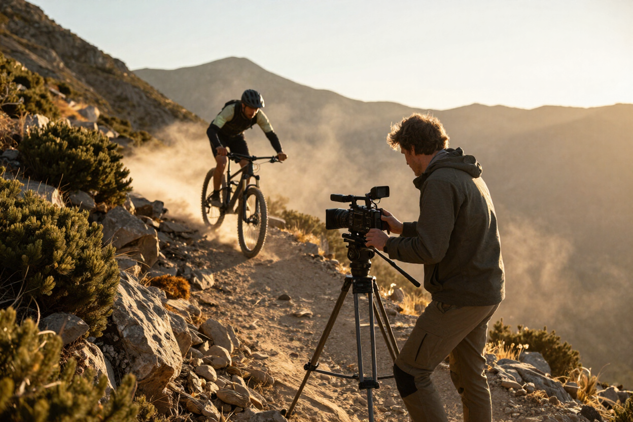 Filmmaker operating camera on a mountain trail with a mountain biker in the background