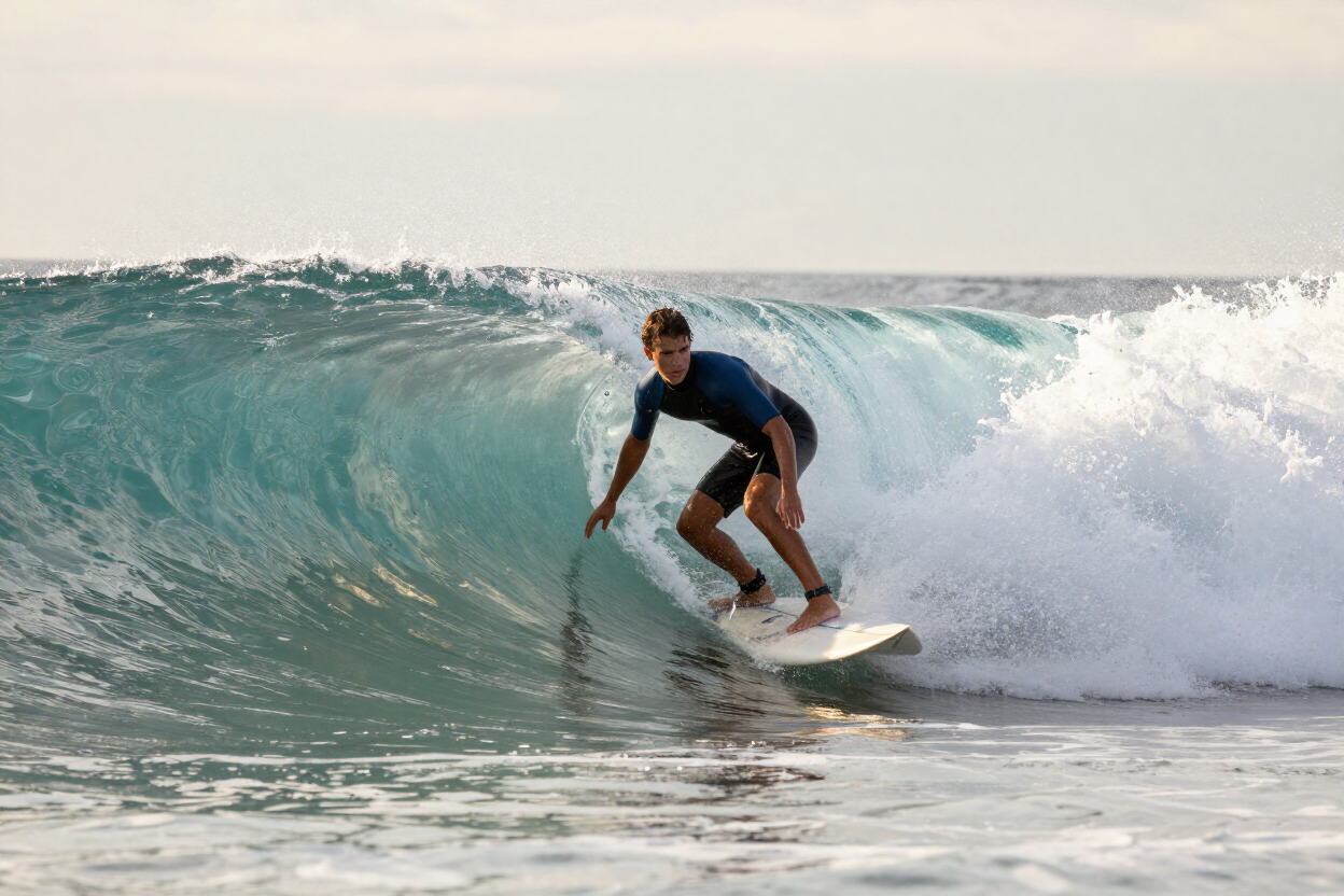 Surfer carving through a wave shot from water level