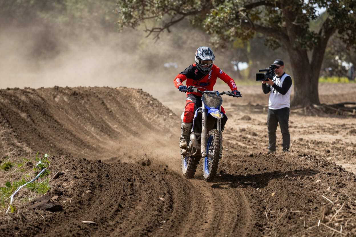 Motocross rider launching off a dirt jump with dust in the air, shot close range at track level
