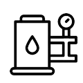 Un icono en blanco y negro de un barril de petróleo con una gota de aceite sobre él.