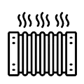 Un icono en blanco y negro de un radiador del que sale vapor.